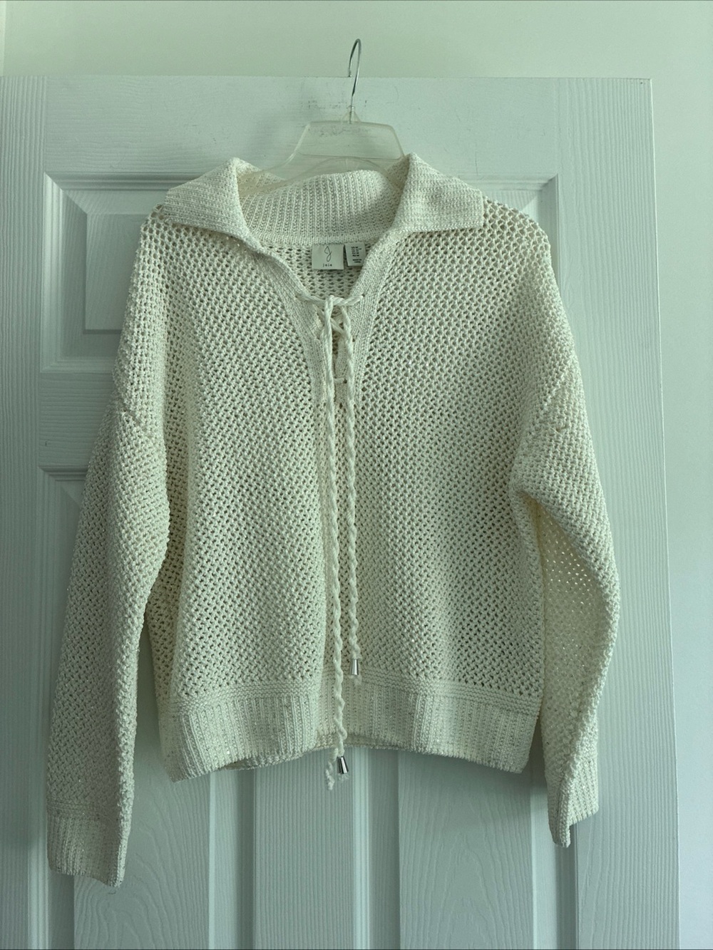 Joie Cream Open-Knit Lace-Up Collared Sweater